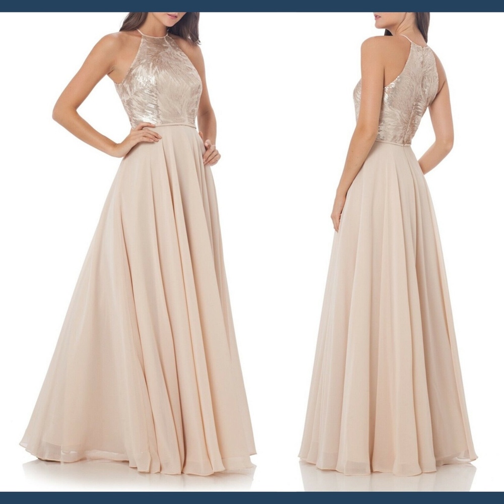 NWT $425 Carmen Marc Valvo Infusion Sequin Embellished Chiffon‎ Gown [SZ 6 ]